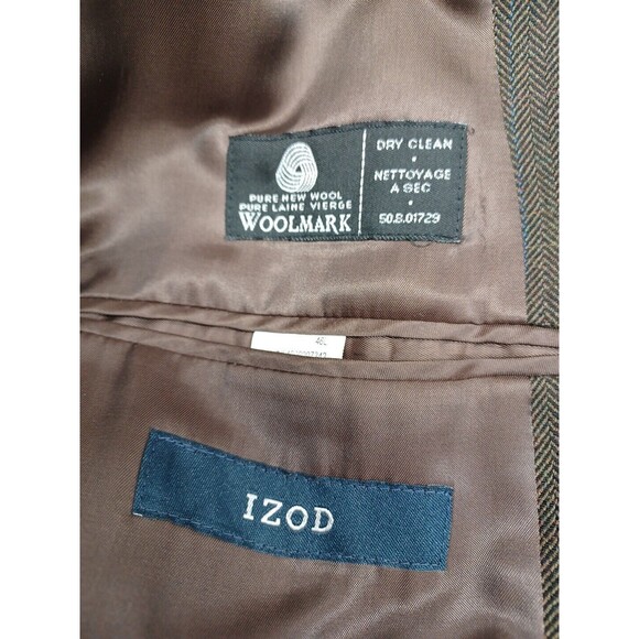 Izod Mens Brown Herrigbone Wool Blazer Sport Coat 46L 2 Buttons - Picture 9 of 10